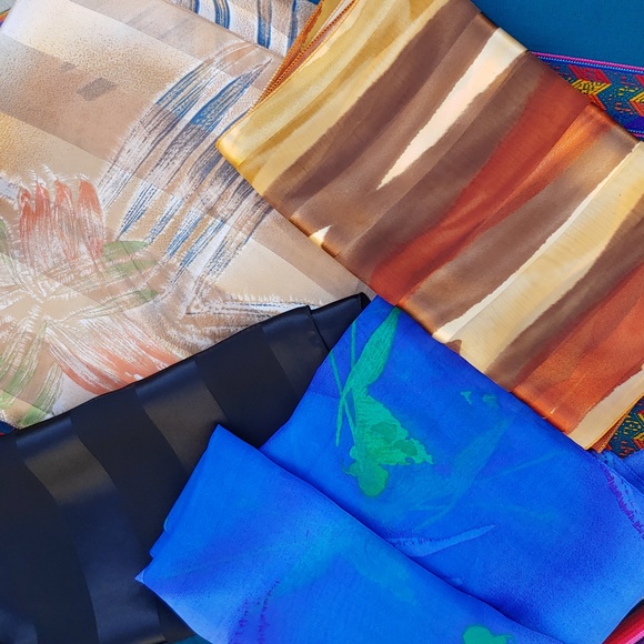 Set of 4 Fashion Scarves in Black, Blue, and Earth Tones size 14" x 60" - Picture 5 of 12